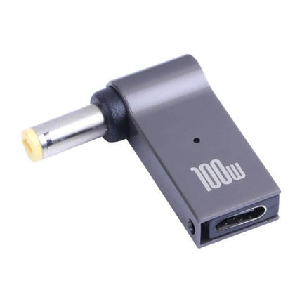 Portable 100W USB-C to DC 5.5mm Adapter for Laptop Charging showing 100W marking, USB-C input and DC 5.5mm output, compact travel-ready design