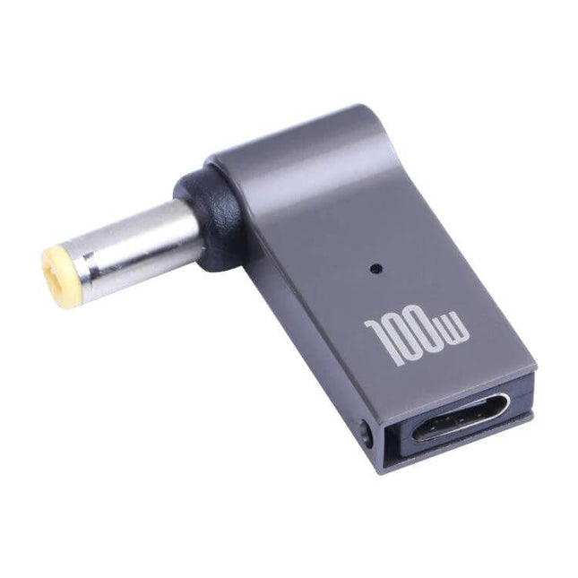 Portable 100W USB-C to DC 5.5mm Adapter for Laptop Charging showing 100W marking, USB-C input and DC 5.5mm output, compact travel-ready design