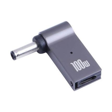 100W USB-C Female to DC Adapter for Laptop Charging shown in gray with 100W marking, angled DC barrel plug and USB-C female port