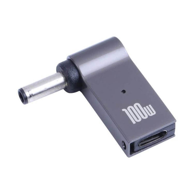100W USB-C Female to DC Adapter for Laptop Charging shown in gray with 100W marking, angled DC barrel plug and USB-C female port