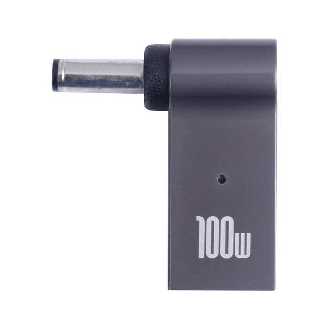 100W USB-C Female to DC Adapter for Laptop Charging angled grey adapter showing DC barrel plug and 100W marking for travel and car power