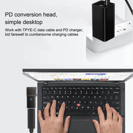 100W USB-C to Big Square Charging Adapter for Lenovo Computers shown plugged into power strip and connected to Lenovo laptop for travel charging