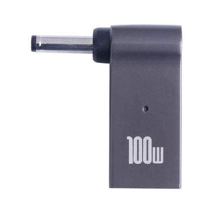 Compact USB-C to DC Adapter for Laptop Charging shown in compact gray 100W right-angle DC plug for travel and on-the-go charging