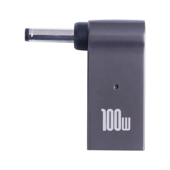 Compact USB-C to DC Adapter for Laptop Charging shown in compact gray 100W right-angle DC plug for travel and on-the-go charging