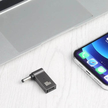 100W USB-C to DC Charging Adapter for Lenovo Laptops shown beside laptop and smartphone, USB-C female to DC 4.0x1.7mm male adapter