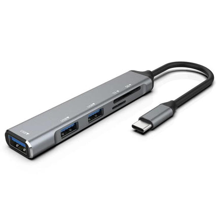 Compact USB-C Hub for Daily Device Connections on the Go - slim aluminum multiport adapter with USB-A and card reader for travel