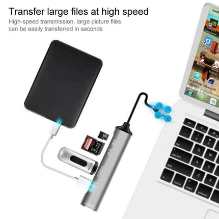 Compact USB-C Hub for Daily Device Connections on the Go — slim aluminum hub connecting external hard drive, flash drive, SD card and phone to laptop
