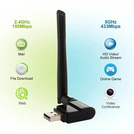 EDUP EP-AC1635 Wireless USB Adapter for Laptops and PCs showing dual-band 2.4GHz 150Mbps and 5GHz 433Mbps with antenna and usage icons