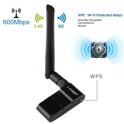 EDUP EP-AC1635 Wireless USB Adapter for Laptops and PCs black dual-band 600Mbps USB WiFi dongle with external antenna and WPS
