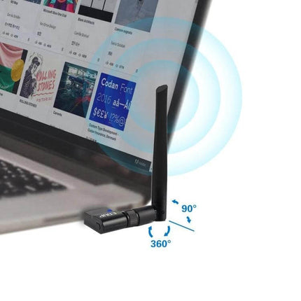 EDUP EP-AC1635 Wireless USB Adapter for Laptops and PCs plugged into a laptop USB port with adjustable 90°/360° antenna for stronger 2.4GHz/5GHz WiFi signal