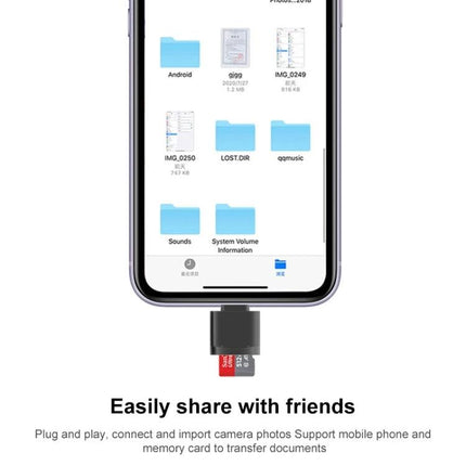 Handy Adapter for Mobile Device Storage on the Go showing 8‑Pin TF card reader plugged into phone displaying folders and files
