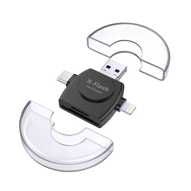 X-Flash Card Reader for Daily Photo and Video Storage - compact multi-port SD and TF card reader with USB-C, Lightning and USB-A connectors