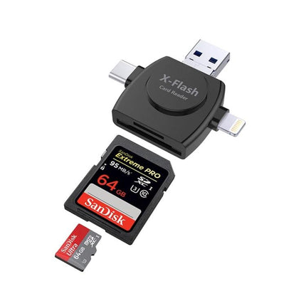 X-Flash Card Reader for Daily Photo and Video Storage showing 3-in-1 card reader with SD and TF cards and USB/Type-C/Lightning connectors