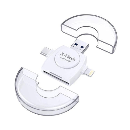 X-Flash Card Reader for Daily Photo and Video Storage compact white multi-port SD TF card reader with USB-C, Lightning and USB-A connectors