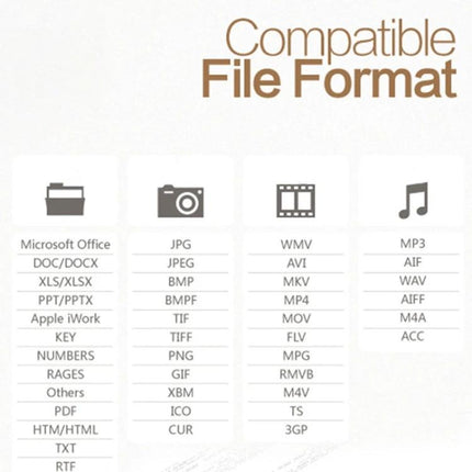 X-Flash Card Reader for Daily Photo and Video Storage - compatible file formats list (documents, images, video, audio) for expanding storage