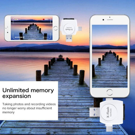 X-Flash Card Reader for Daily Photo and Video Storage connected to smartphone showing expanded SD and TF storage for unlimited memory during travel photography