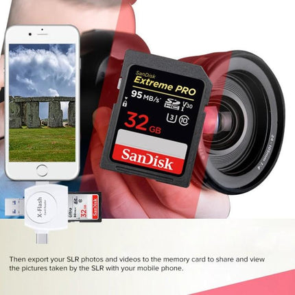 X-Flash Card Reader for Daily Photo and Video Storage - compact SD/TF card reader shown connecting smartphone to camera for on-the-go photo and video storage