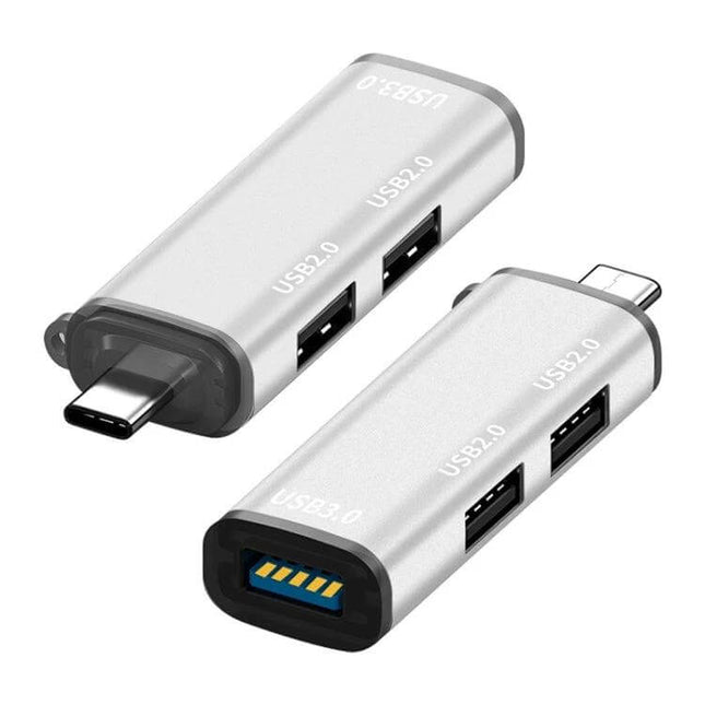 3-in-1 USB-C Hub Docking Station for Device Connections - compact silver USB-C adapter with three USB-A ports for laptop peripherals and data transfer