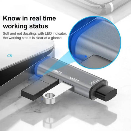 3-in-1 USB-C Hub Docking Station for Device Connections showing three USB drives plugged into laptop with LED indicator