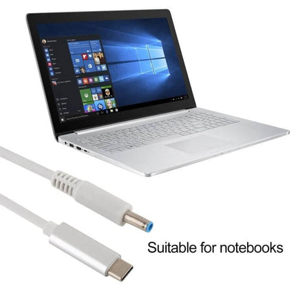 USB-C Laptop Charging Cable with 4.5mm Connector, 1.5 Meters Long - white cable shown connected to silver laptop, suitable for notebooks