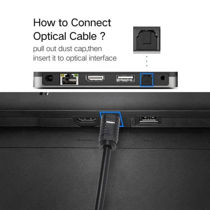 Digital Toslink to 3.5mm Optical Audio Cable, 5 Meters connecting Toslink port on TV to audio device demonstrating dust cap removal
