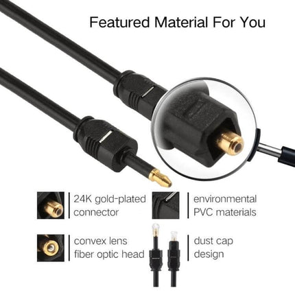 2m Toslink Male to 3.5mm Mini Toslink Digital Optical Audio Cable showing gold-plated connectors, convex fiber optic head and dust cap design