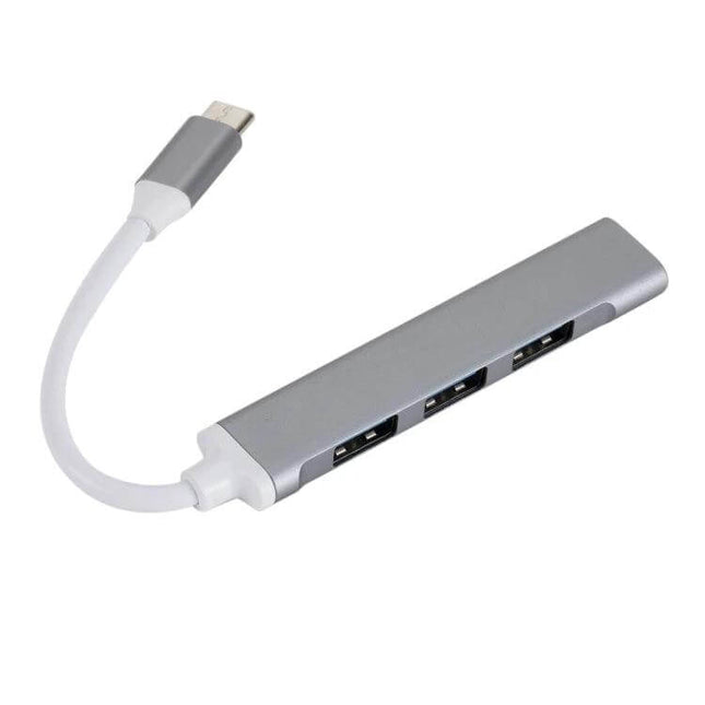 USB-C Multi-Function Hub for Daily Device Connections — slim silver hub with three USB-A ports and short USB-C cable for travel and office use