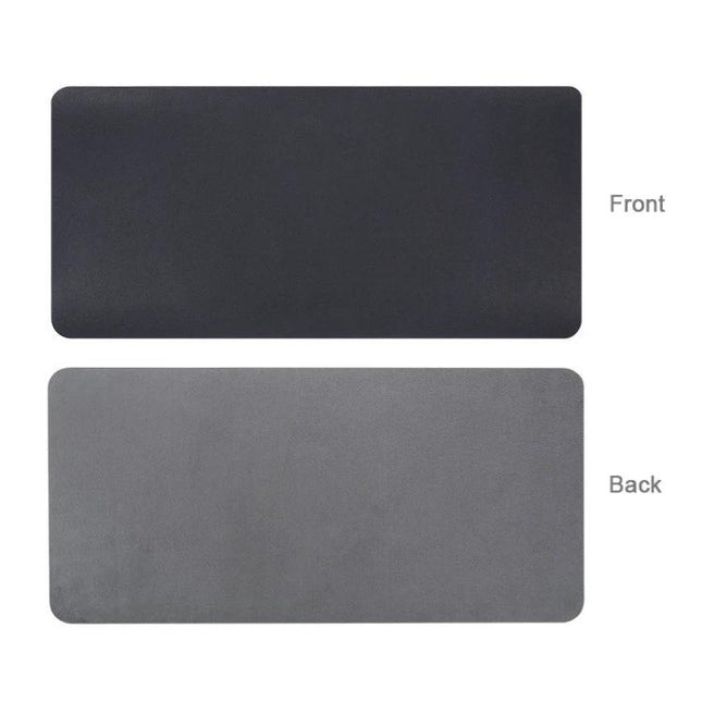 BUBM Large 60x30cm PU Leather Non-Slip Mouse Pad for Office showing front black PU leather surface and gray non-slip back with transport straps