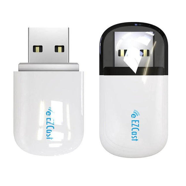 EZCast Dual Band Wireless Adapter for WiFi and Bluetooth Connectivity compact white USB dongle showing front and back views for streaming and gaming
