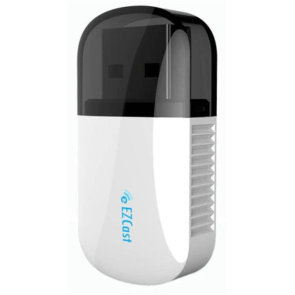 EZCast Dual Band Wireless Adapter for WiFi and Bluetooth Connectivity white USB dongle with black cap, 802.11ac WiFi and Bluetooth for streaming and gaming