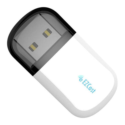 EZCast Dual Band Wireless Adapter for WiFi and Bluetooth Connectivity white USB dongle with black cap for streaming and Bluetooth pairing