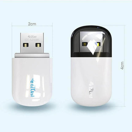 EZCast Dual Band Wireless Adapter for WiFi and Bluetooth Connectivity - compact white USB adapter 2cm x 4cm for streaming, gaming, and Bluetooth peripherals