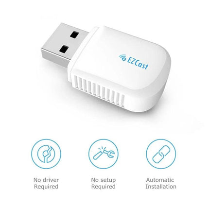 EZCast Dual Band Wireless Adapter for WiFi and Bluetooth Connectivity white USB dongle shown with no-driver no-setup and automatic installation icons
