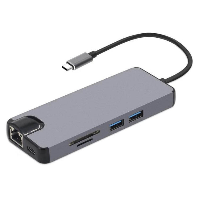 Multi-Functional 8-in-1 USB-C Hub Adapter for Daily Connections — slim gray hub with Ethernet, 2x USB-A, SD card slot, USB-C cable