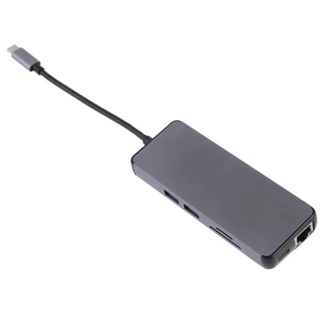 Multi-Functional 8-in-1 USB-C Hub Adapter for Daily Connections shown connected to laptop with HDMI, Ethernet, USB and SD ports