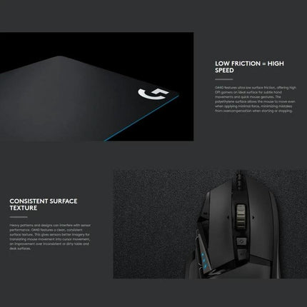 Logitech G440 Hard Gaming Mouse Pad for Everyday Use, 34 x 28 cm - black low-friction surface with blue edge and gaming mouse shown