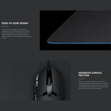 Logitech G640 Cloth Soft Gaming Mouse Pad in 46 x 40 cm Size showing edge-to-edge cloth surface and mouse with moderate surface friction