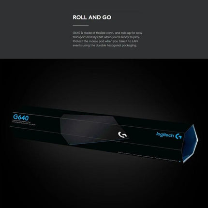 Logitech G640 Cloth Soft Gaming Mouse Pad in 46 x 40 cm Size – rolled packaging for transport, black cloth surface and Logitech G branding