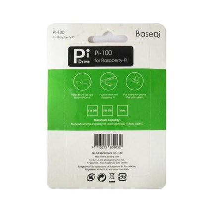 BASEQI Protective Hidden TF Card Case for Raspberry Pi product retail packaging showing Pi-100 Pi Drive back with instructions and barcode