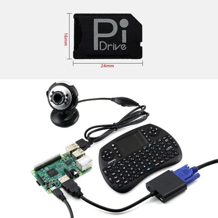 BASEQI Protective Hidden TF Card Case for Raspberry Pi shown with Raspberry Pi board, mini keyboard, webcam and TF card dimensions