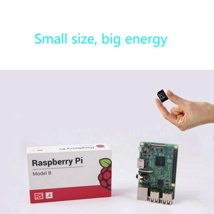 BASEQI Protective Hidden TF Card Case for Raspberry Pi shown with Raspberry Pi Model B, card box, and hand holding microSD card