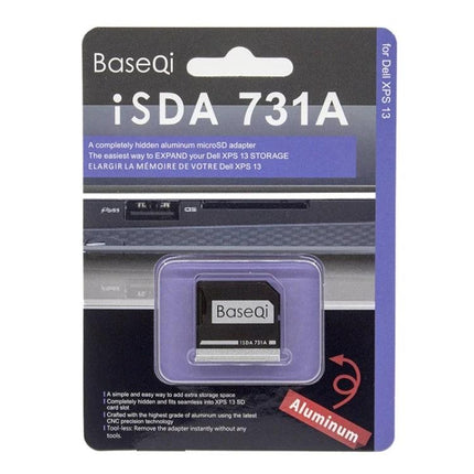 BASEQI Aluminum SD Card Case for Dell XPS 13.3 Inch Laptop in retail packaging showing iSDA 731A aluminum microSD adapter