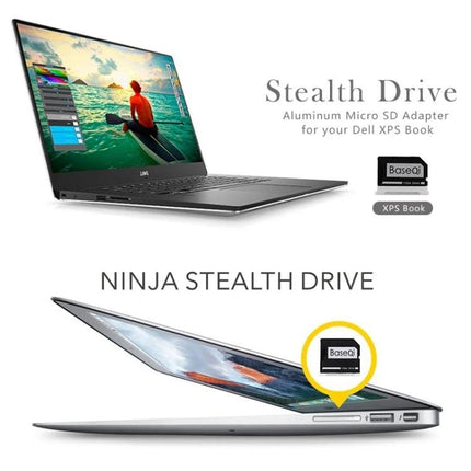 BASEQI Aluminum SD Card Case for Dell XPS 13.3 Inch Laptop installed stealthily in XPS 13, showing laptop and micro SD adapter