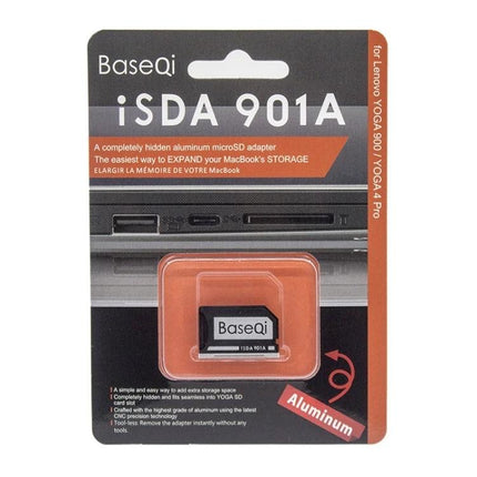 BASEQI Hidden SD Card Case for Lenovo Flex4-14 Laptop in aluminum packaging showing hidden microSD adapter