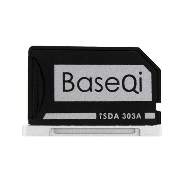BASEQI Hidden SD Card Case for MacBook Pro 13.3 Inch shown with Micro SD adapter inserted, compact black and silver design