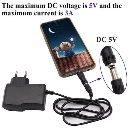 5.5mm x 2.1mm Female to USB-C Adapter for Devices and Laptops connected to phone and DC 5V charger showing charging cable