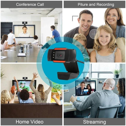 Versatile Orange Webcam with Integrated Microphone for Daily Video Calls showing use in conference calls, home video, picture recording and streaming