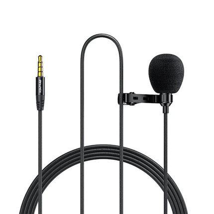 Awei Lavalier Microphone for Everyday Wear and Recording – black clip-on lav mic with 3.5mm jack and foam windscreen for social media, interviews, meetings
