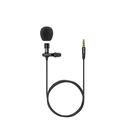 Awei Lavalier Microphone for Everyday Wear and Recording clipped on foam windscreen with 3.5mm jack for clear social media, interviews and meetings
