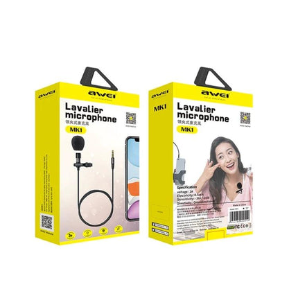 Awei Lavalier Microphone for Everyday Wear and Recording - compact 3.5mm clip-on mic in yellow retail packaging for social videos and interviews